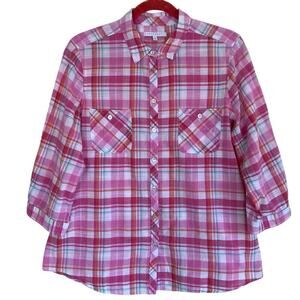 Foxcroft Shaped Fit Pink Plaid Button Down Shirt 3/4 Sleeves Cotton Lightweight